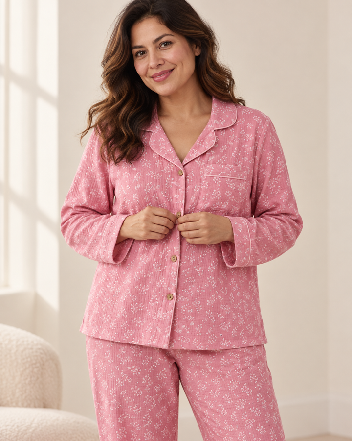 Cotton Gauze Pajama Set for Women, Long Sleeve Button-Up
