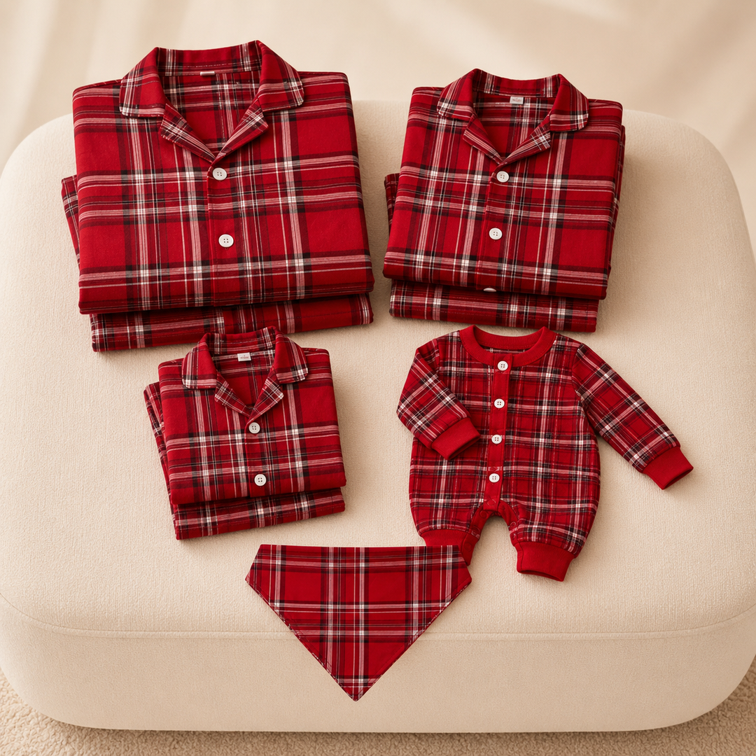 Matching Family Christmas Pajamas - Red Plaid Button Front Set