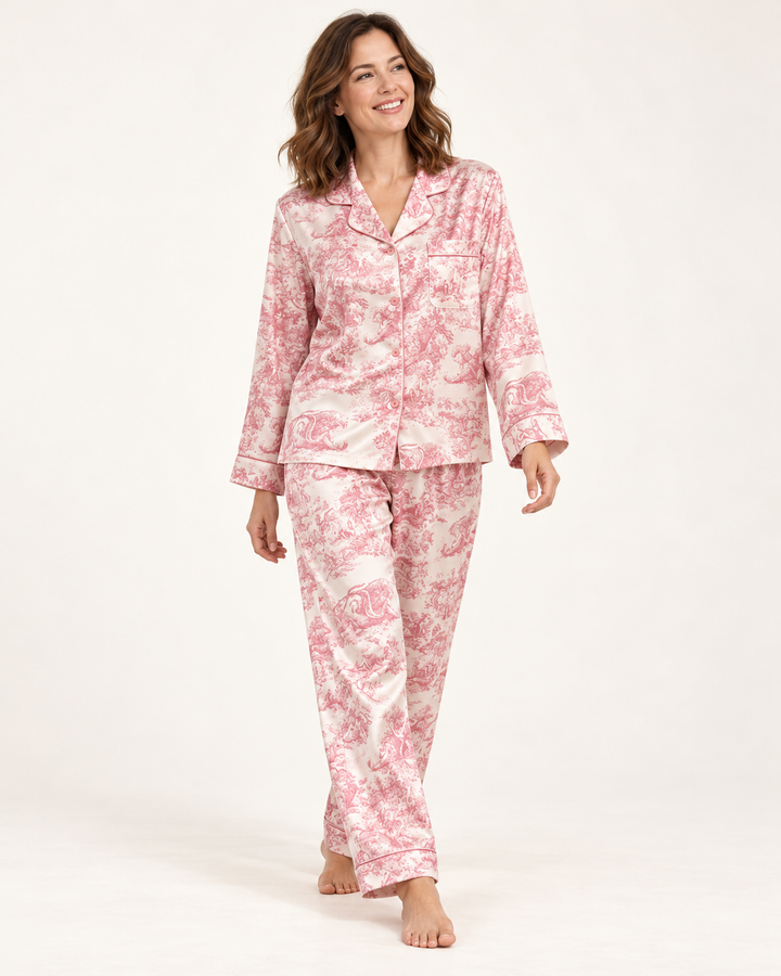 Toile Print Satin Pajama Set for Women, Long Sleeve Button-Up
