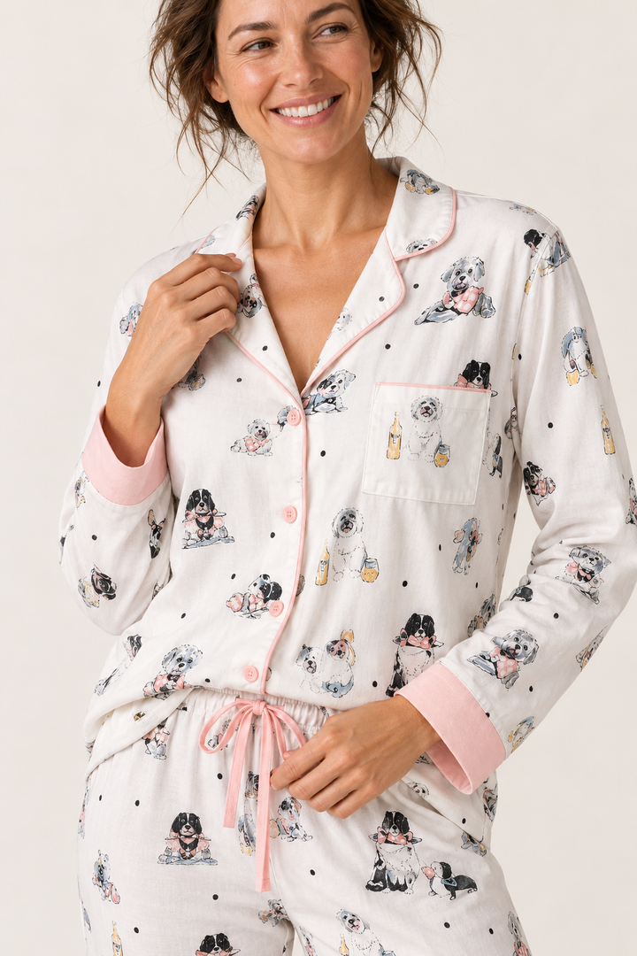 Dog Print Cotton Pajama Set for Women, Long Sleeve