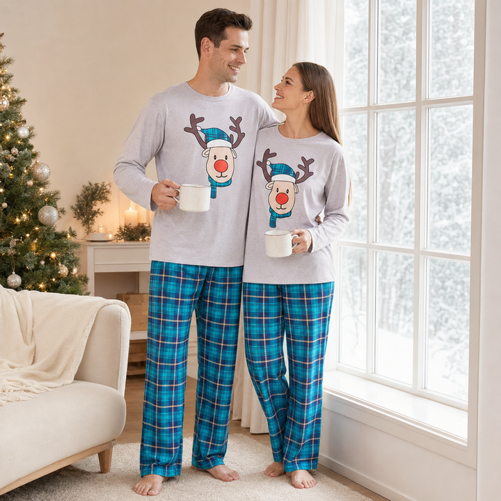 Matching Family Christmas Pajamas - Reindeer Print, Blue