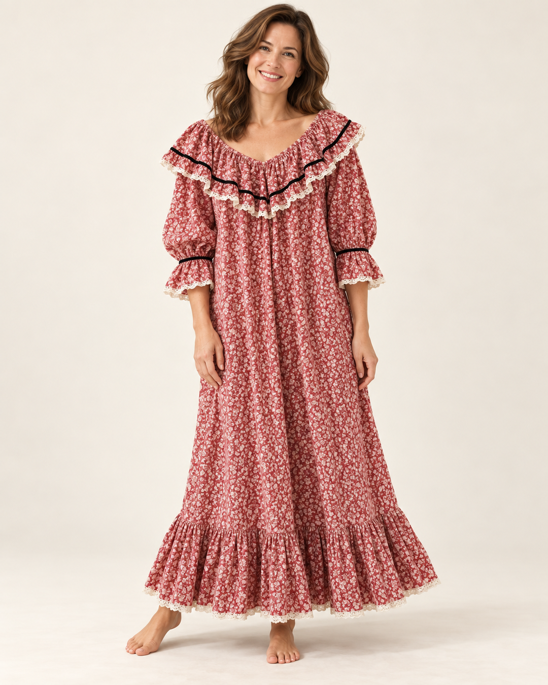 100% Cotton Nightgown for Women, Vintage Floral Ruffle Neckline