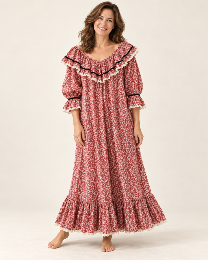 100% Cotton Nightgown for Women, Vintage Floral Ruffle Neckline