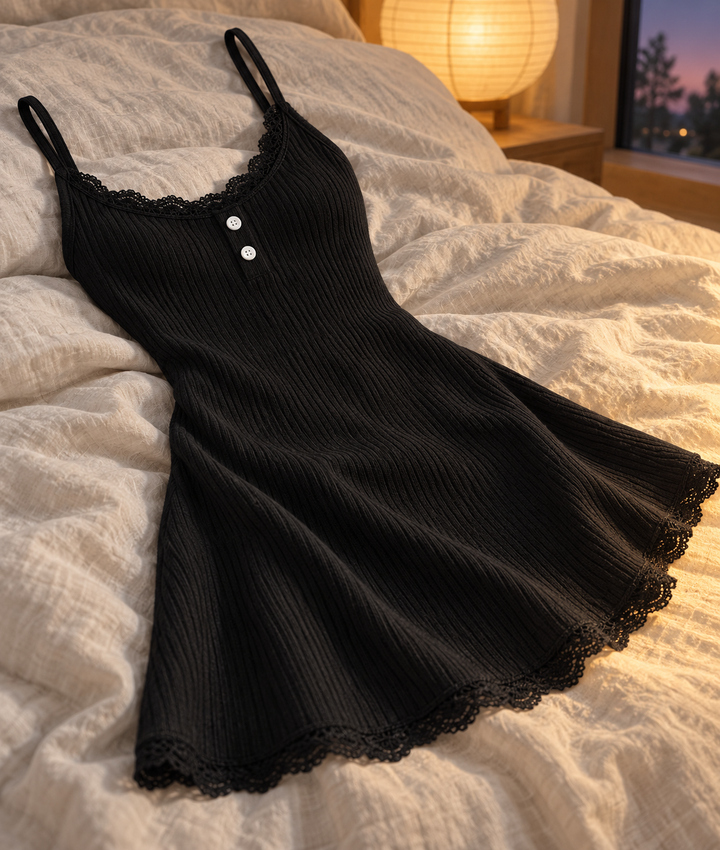 Cotton Blend Ribbed Chemise Nightgown, Lace Trim