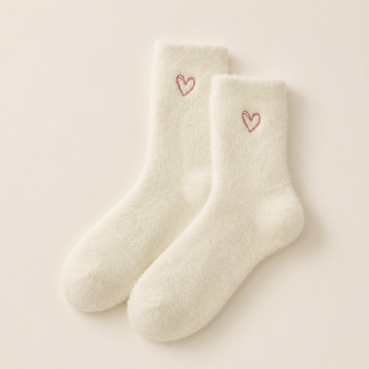 Fluffy Socks for Women, Soft Embroidered Heart Crew Socks