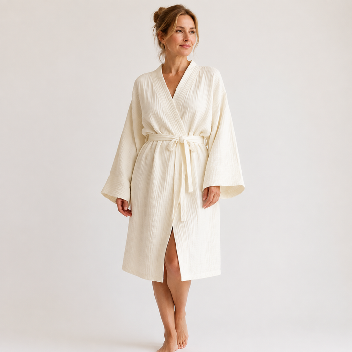 Cream Waffle Bathrobe for Women, Long Sleeve V-Neck with Belt