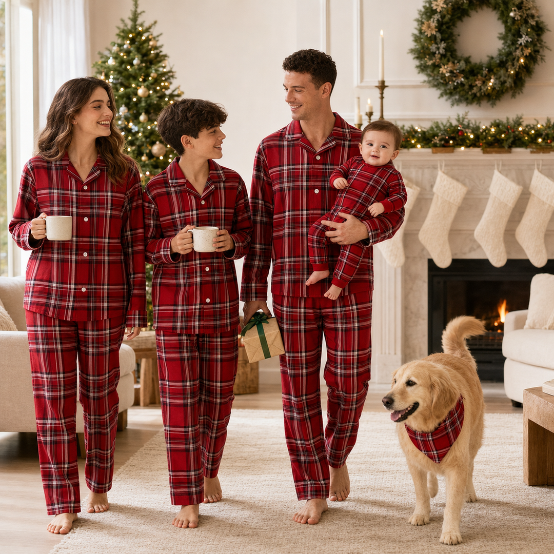 Matching Family Christmas Pajamas - Red Plaid Button Front Set