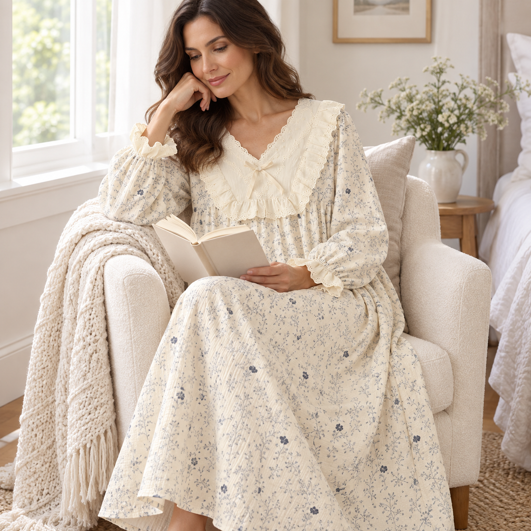 100% Cotton Nightgown for Women, Long Sleeve Floral