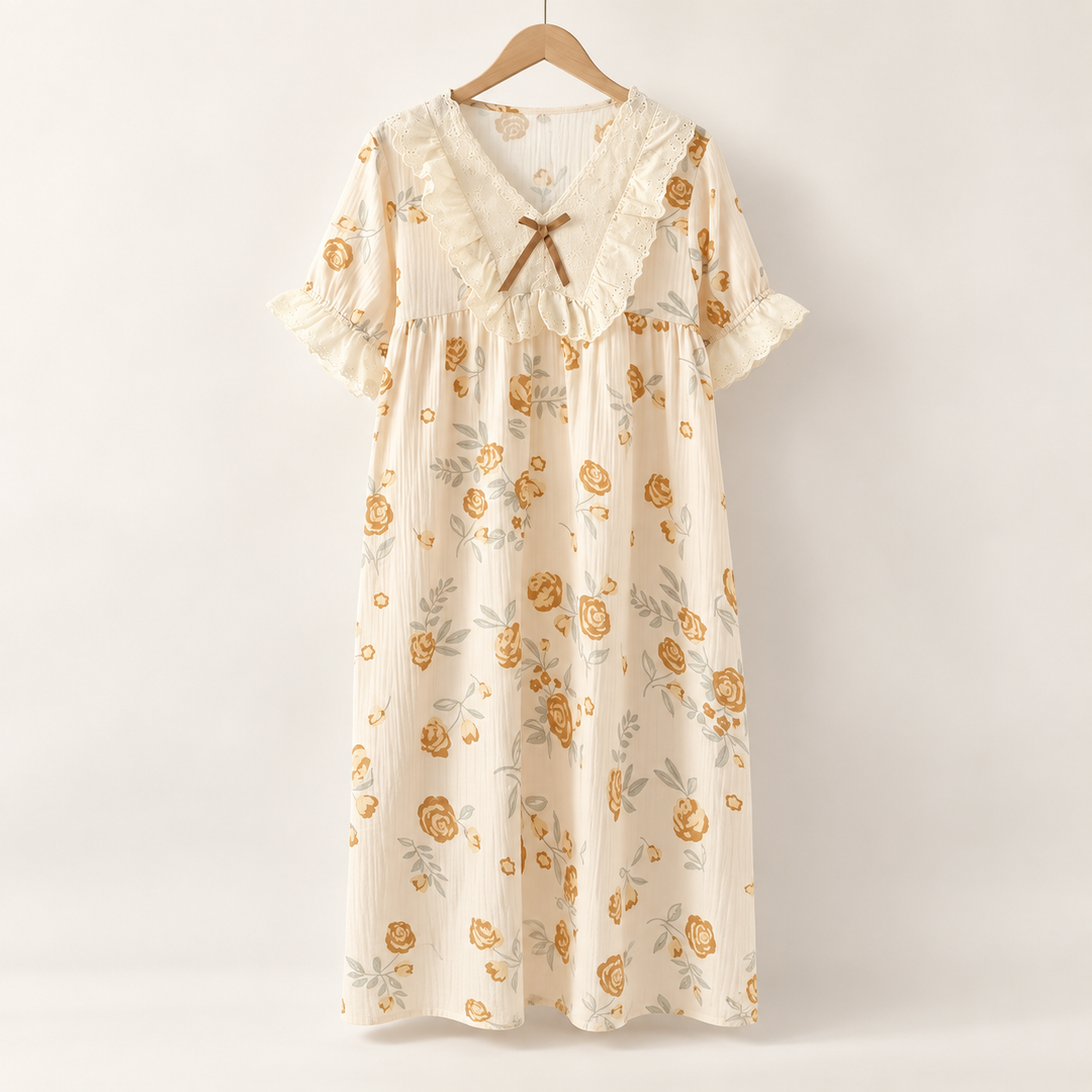 Cotton Nightgown for Women, Floral Print with Ruffle Collar
