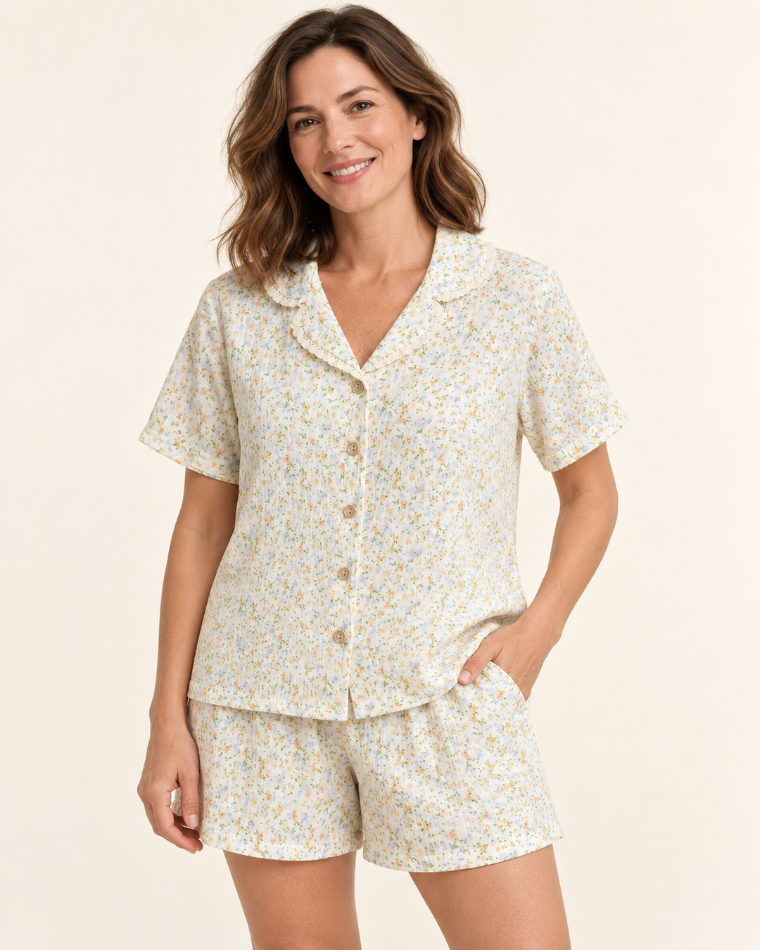 100% Cotton Muslin Short Pajama Set for Women, Floral Lace Collar