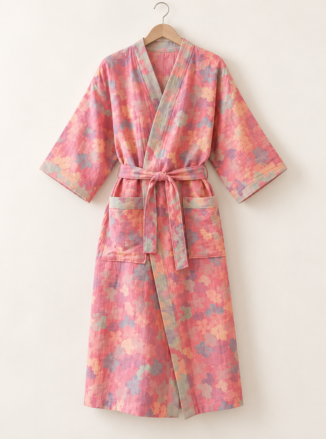 Cotton Gauze Robe for Women, Floral Print Kimono Wrap