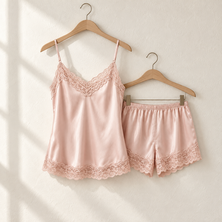 100% Mulberry Silk Pajama Set for Women, Cami and Shorts