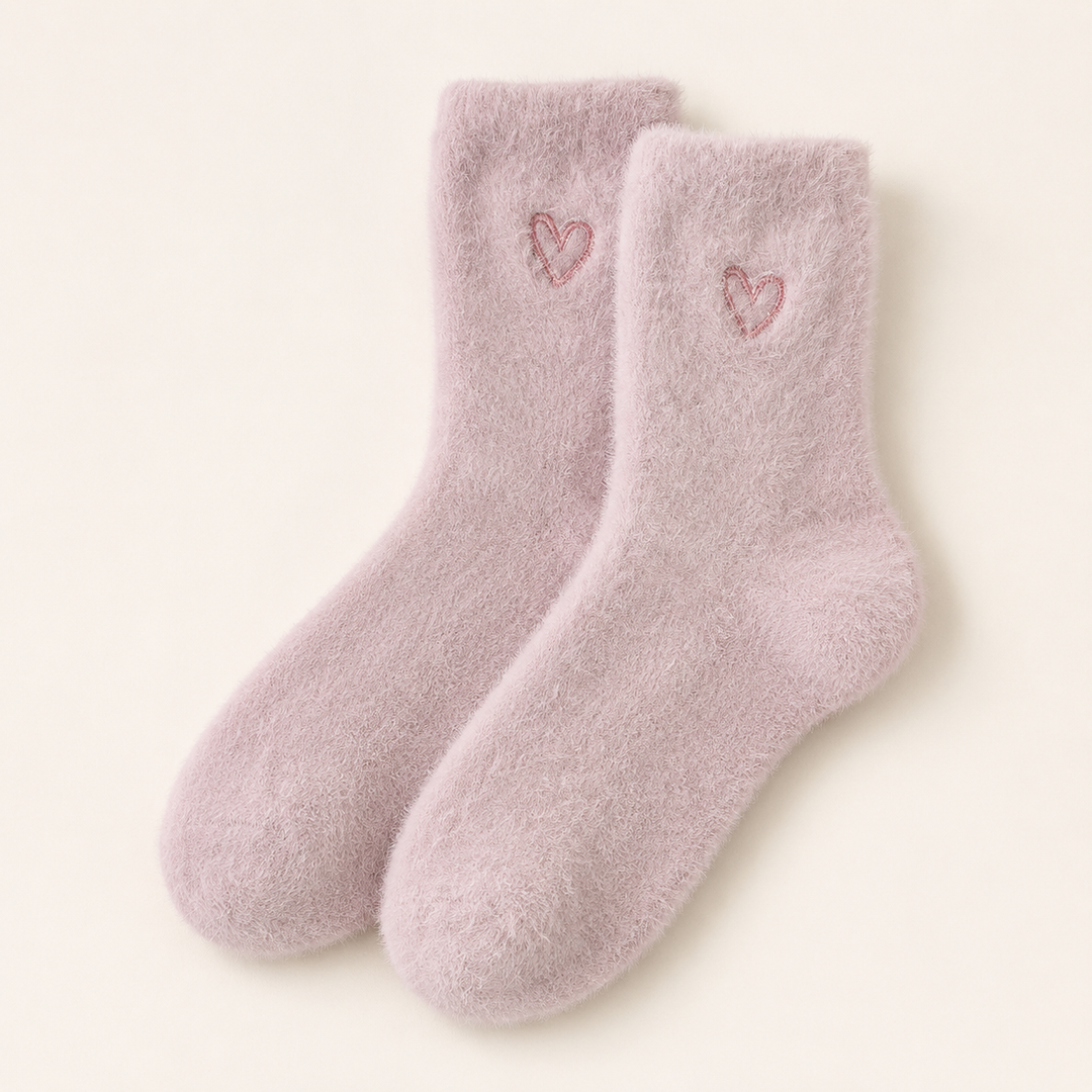 Fluffy Socks for Women, Soft Embroidered Heart Crew Socks