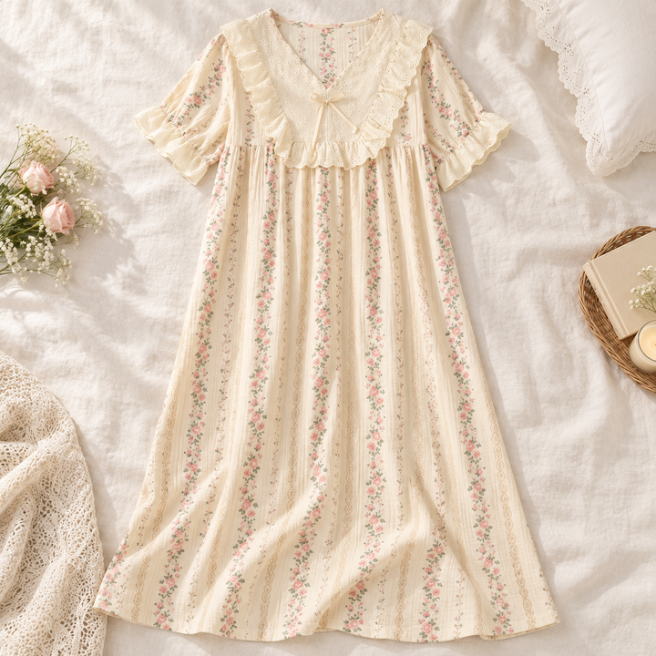 Cotton Nightgown for Women, Floral Print with Ruffle Collar