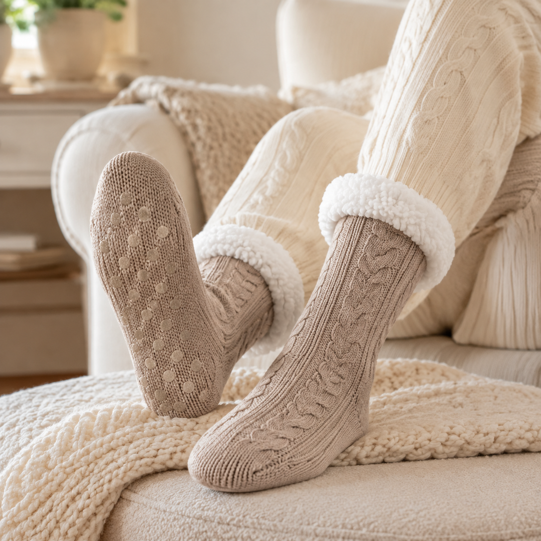 Cable Knit Slipper Socks - Sherpa Cuff, Non Slip