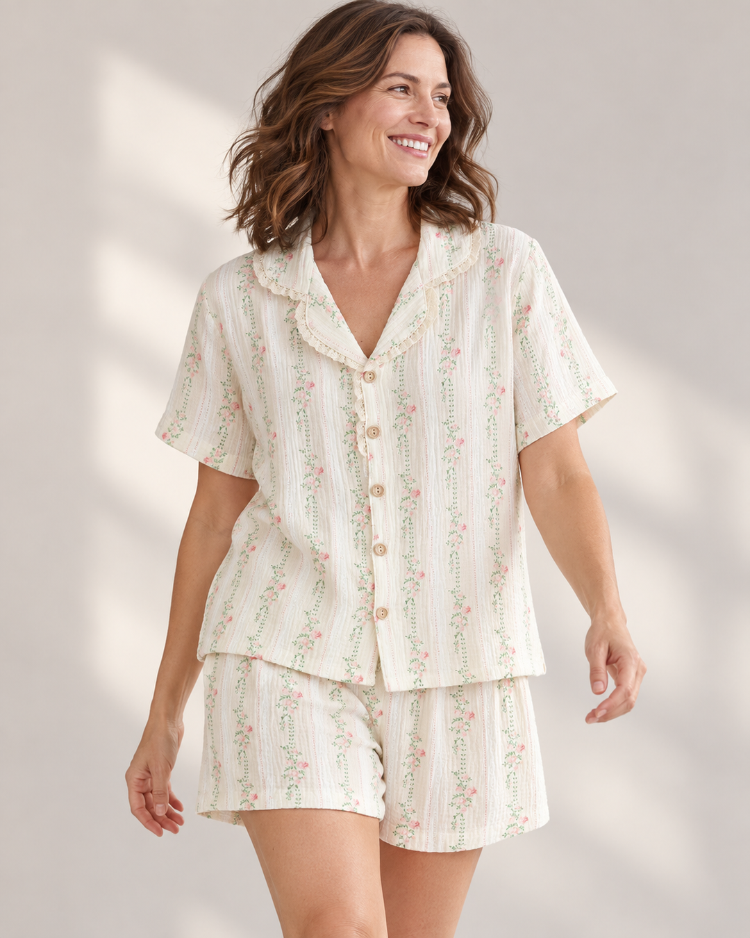 100% Cotton Muslin Short Pajama Set for Women, Floral Lace Collar