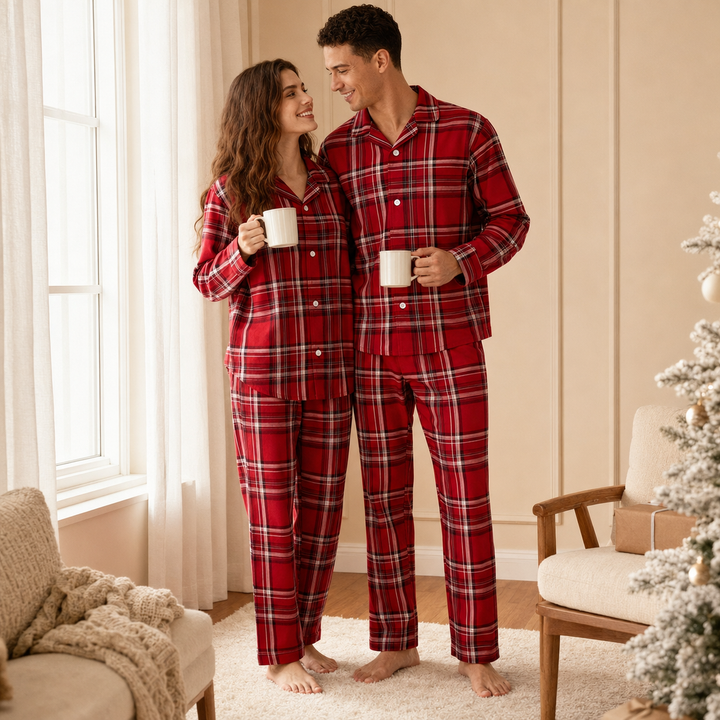 Matching Family Christmas Pajamas - Red Plaid Button Front Set