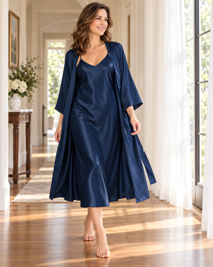 Satin Robe and Nightgown Set for Women, Long Robe with Slip