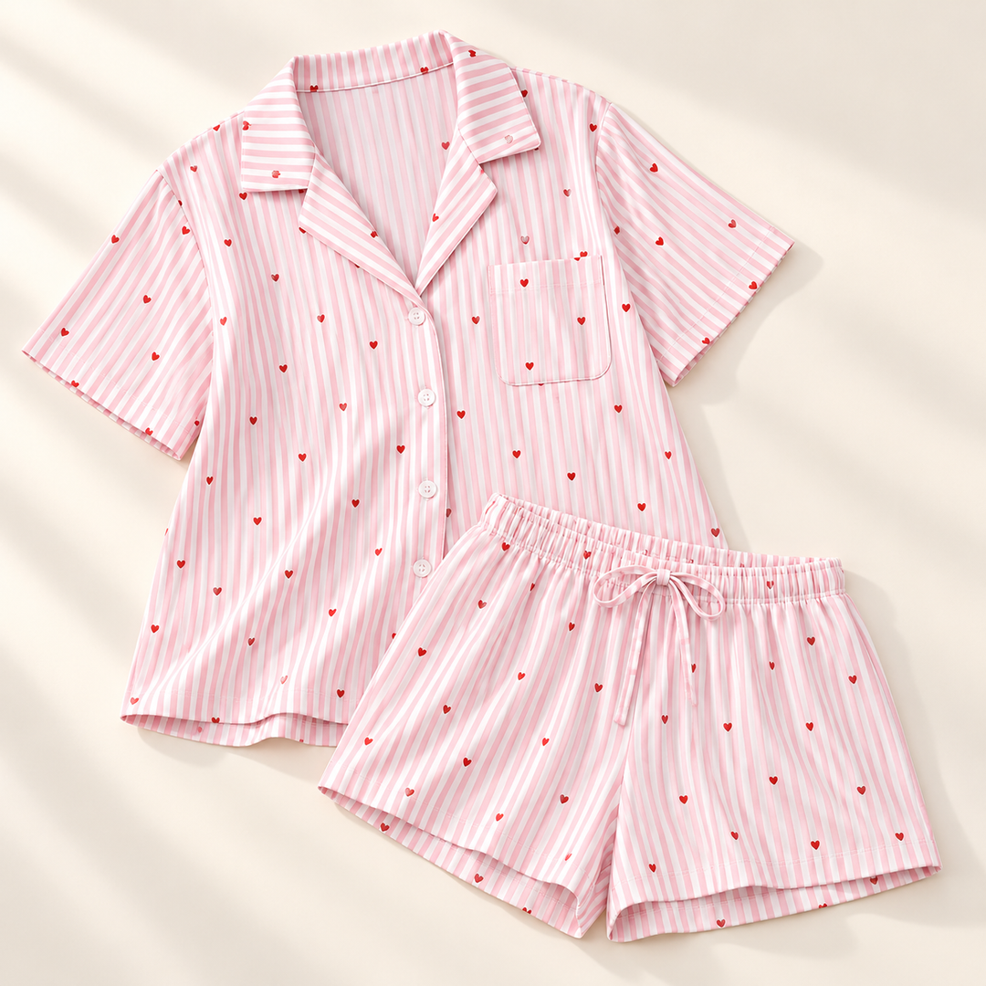 Striped Pajama Set for Women, Printed Button-Down Top &amp; Shorts