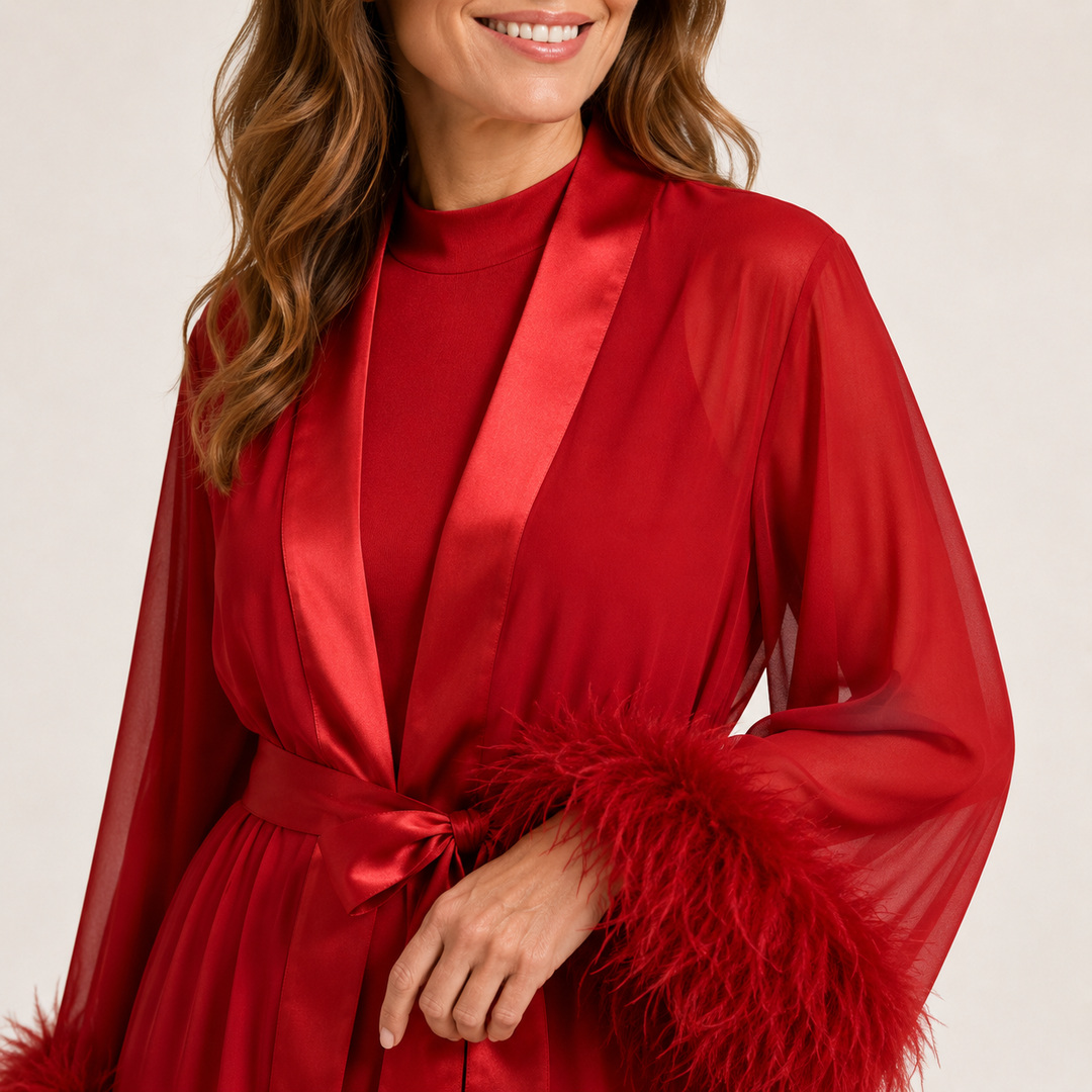 Sheer Feather Trim Robe - Long Sleeve
