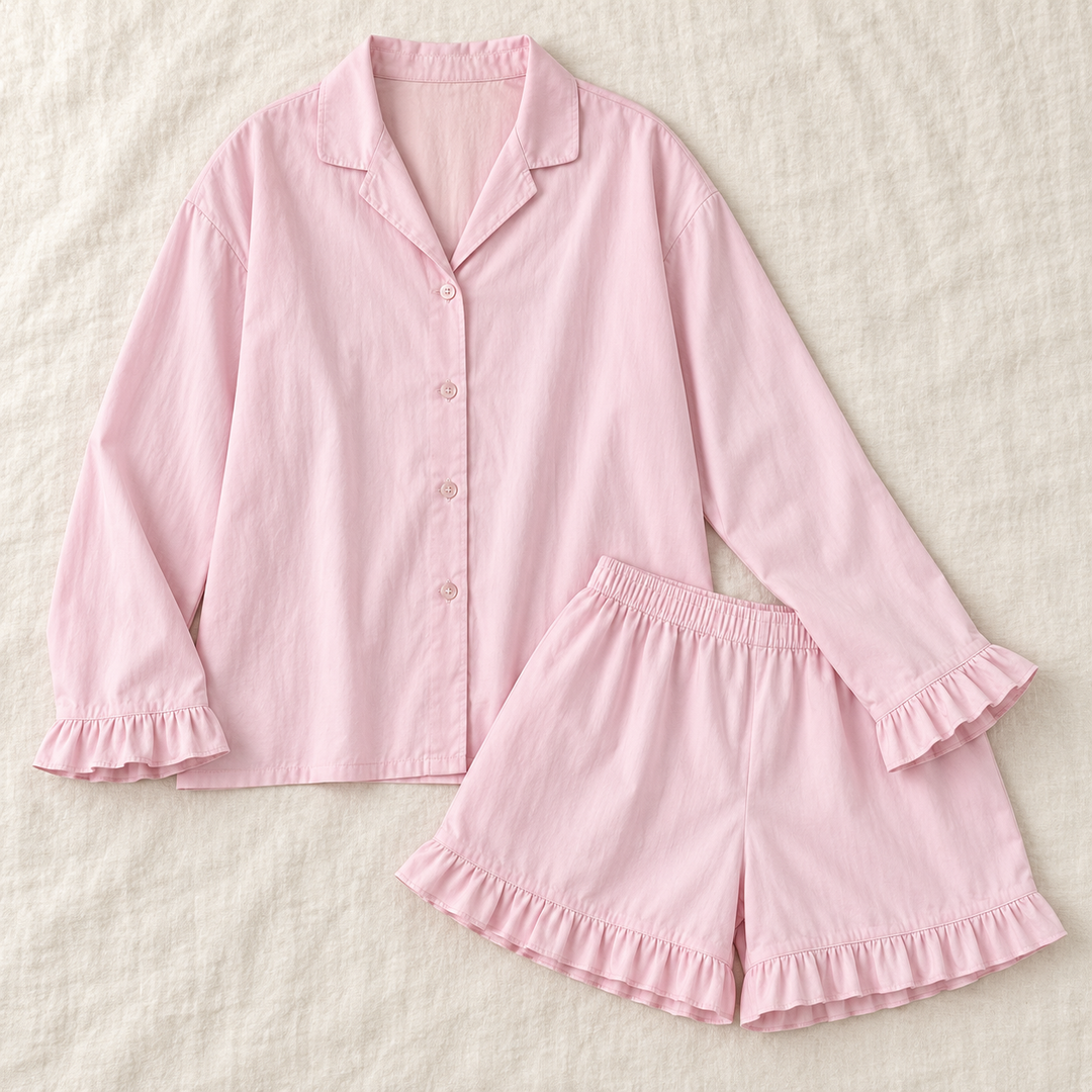 100% Cotton Ruffle Pajama Set for Women, Long Sleeve &amp; Shorts