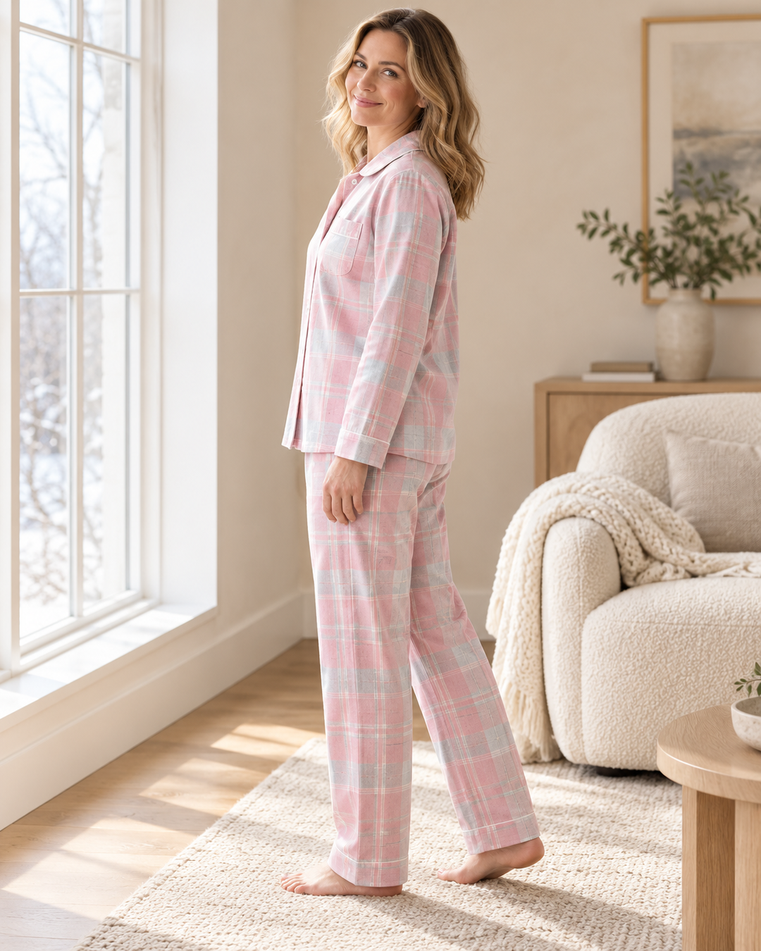 100% Cotton Flannel Pajama Set for Women, Plaid Long Sleeve