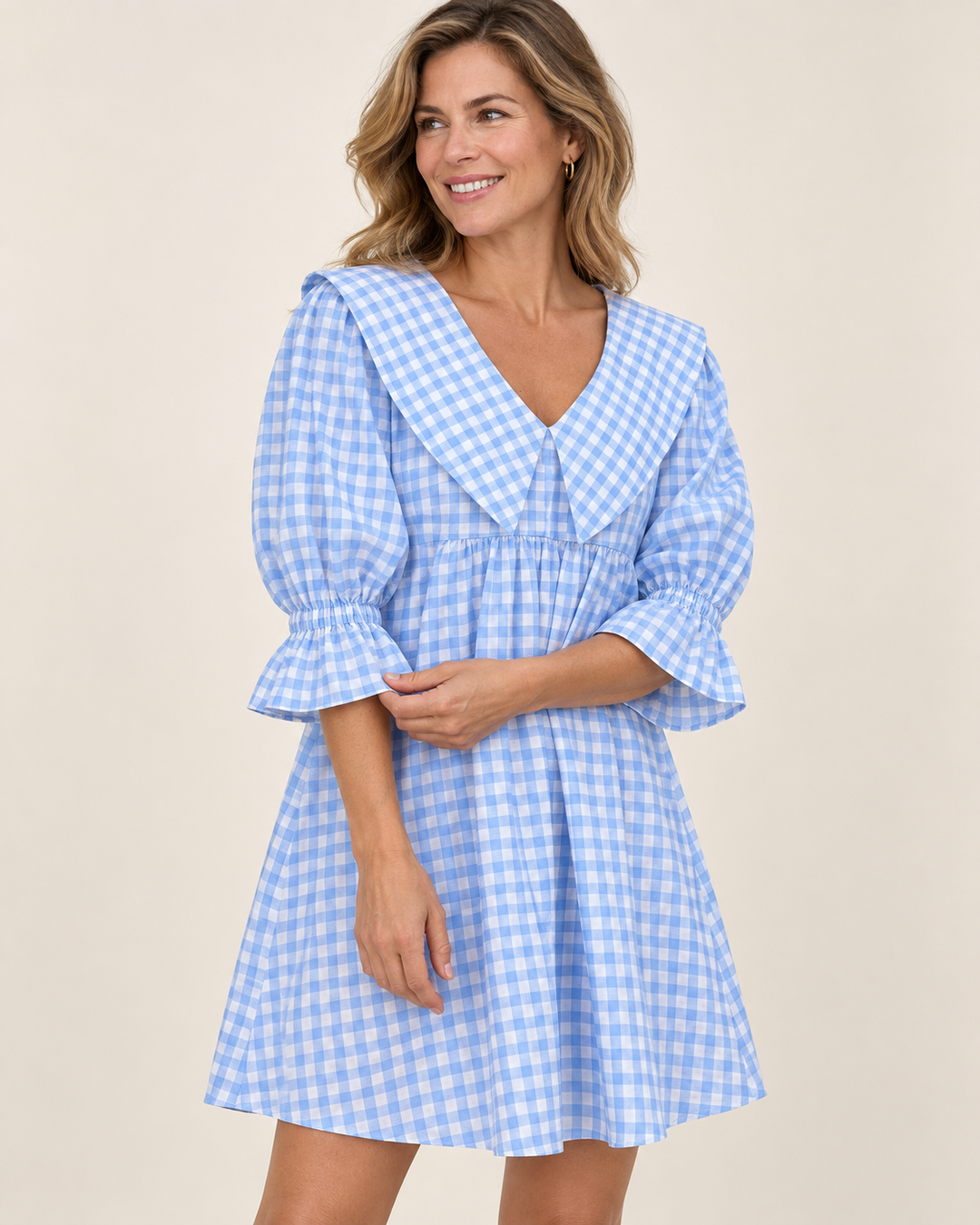 100% Cotton Plaid House Dress in Light Blue, Puff Sleeve