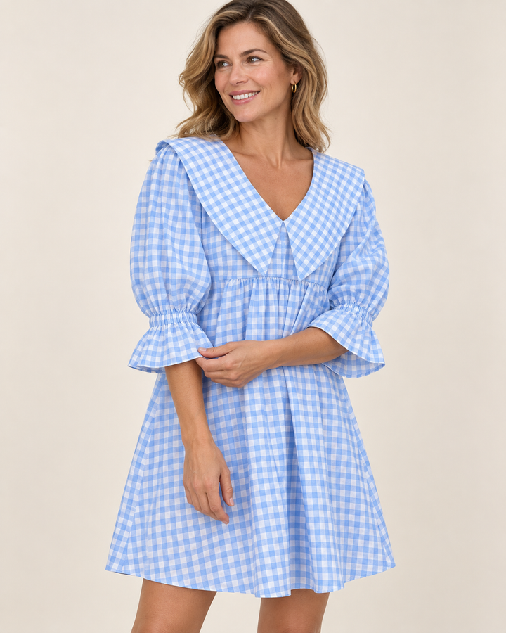 100% Cotton Plaid House Dress in Light Blue, Puff Sleeve