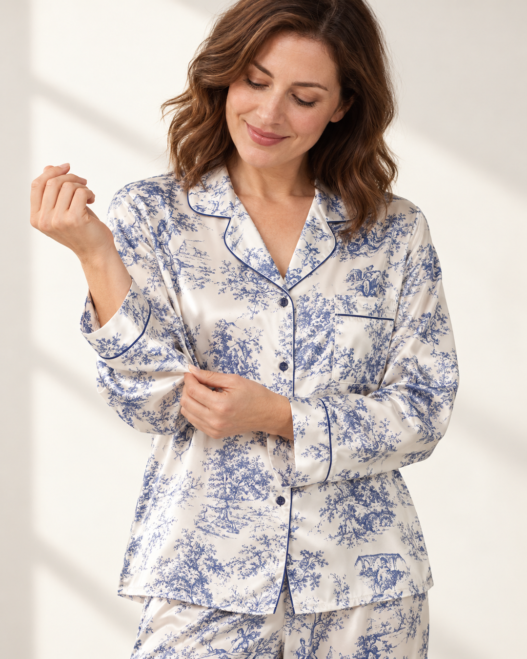 Toile Print Satin Pajama Set for Women, Long Sleeve Button-Up