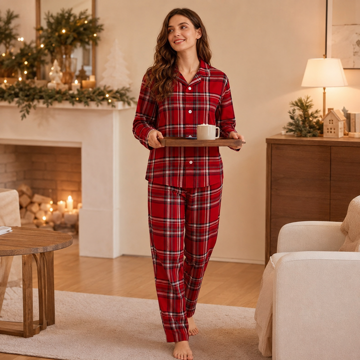 Matching Family Christmas Pajamas - Red Plaid Button Front Set