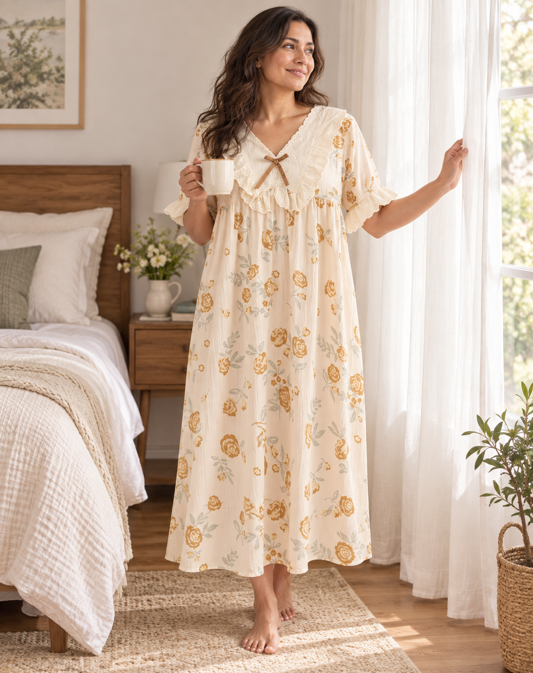 Cotton Nightgown for Women, Floral Print with Ruffle Collar