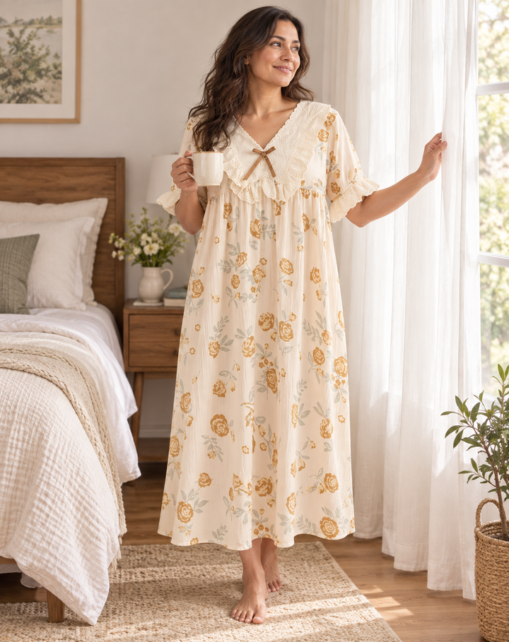 Cotton Nightgown for Women, Floral Print with Ruffle Collar
