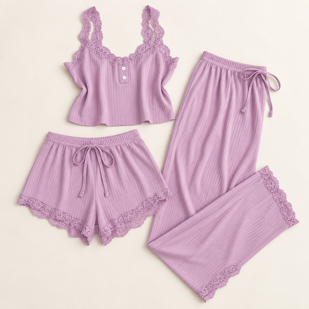 Satin 3-Piece Pajama Set for Women, Cami, Shorts and Pants