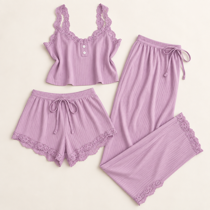 Satin 3-Piece Pajama Set for Women, Cami, Shorts and Pants