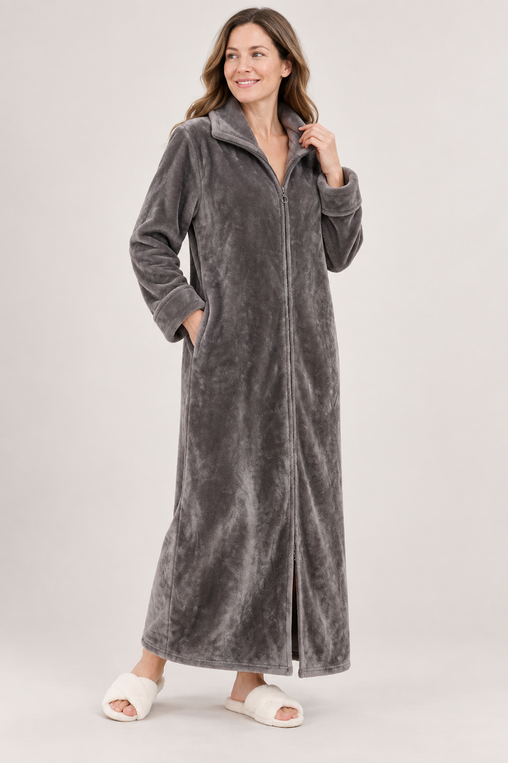 Long Zip-Front Flannel Fleece Robe for Women, Warm Housecoat