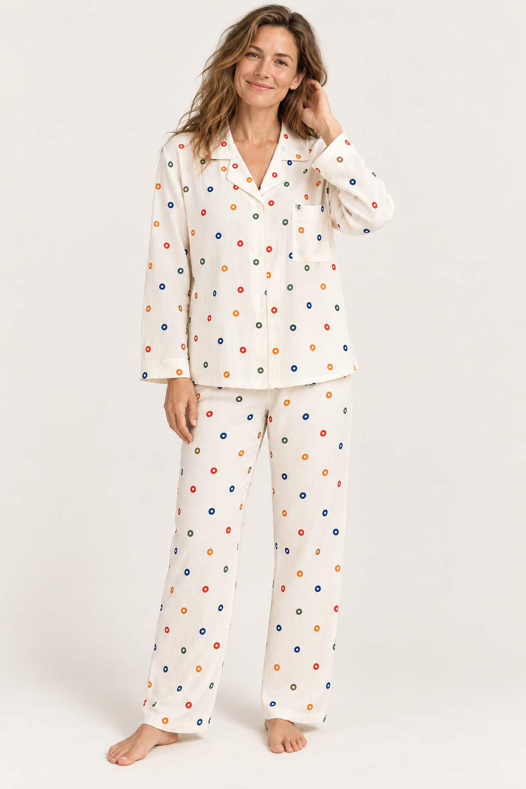Cream cotton pajama set with button front top