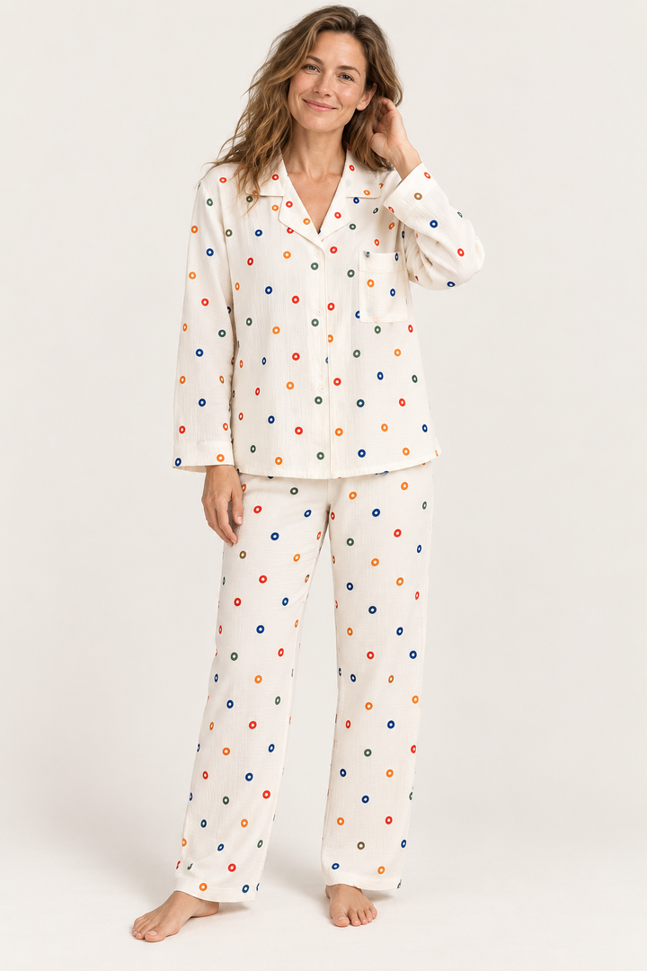 Cream cotton pajama set with button front top