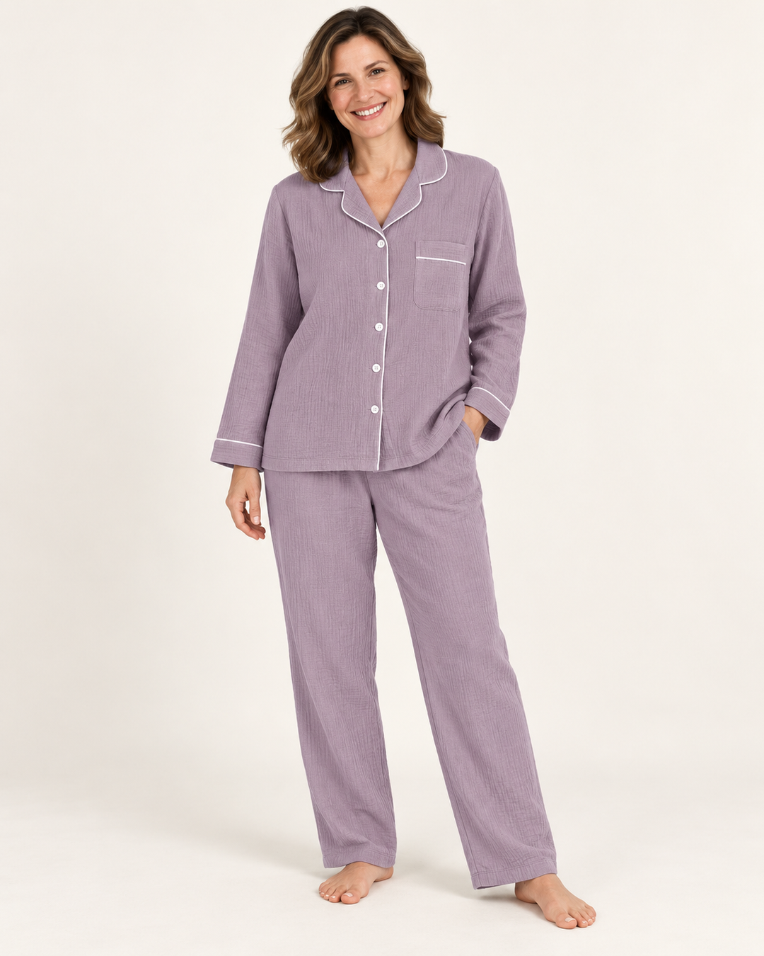 Matching Couples Pajamas, 100% Cotton Muslin Long Sleeve Button Set