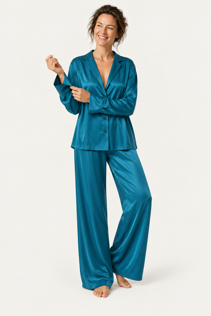 Satin Wide-Leg Pajama Set for Women, Button-Up