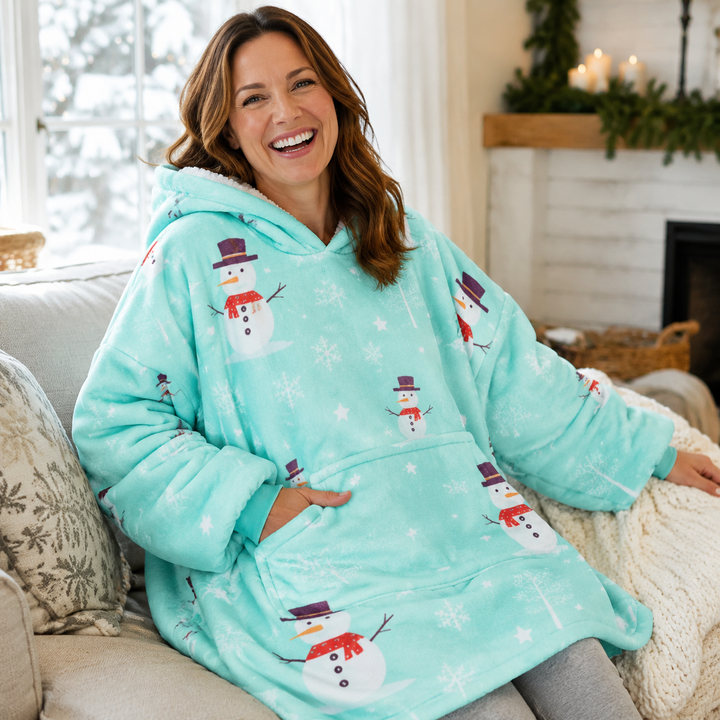 Wearable blanket hoodie laid flat showing full length