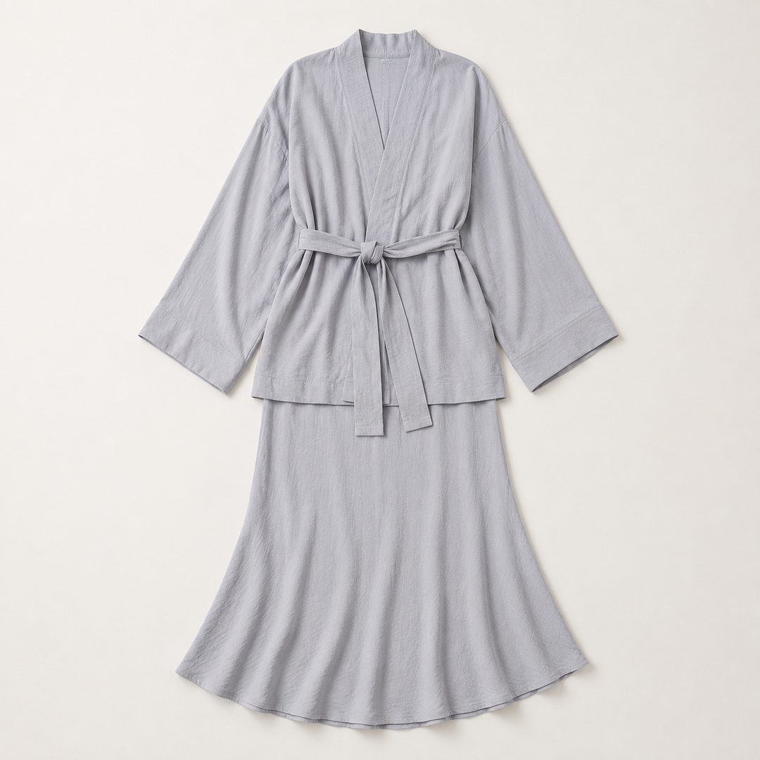 Gray Kimono Robe Set for Women, Belted Wrap and Matching Skirt