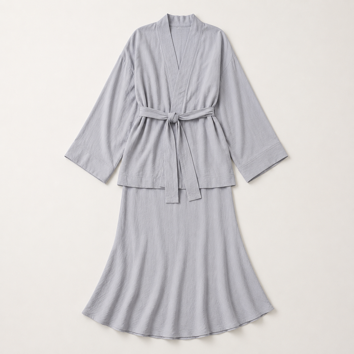 Gray Kimono Robe Set for Women, Belted Wrap and Matching Skirt