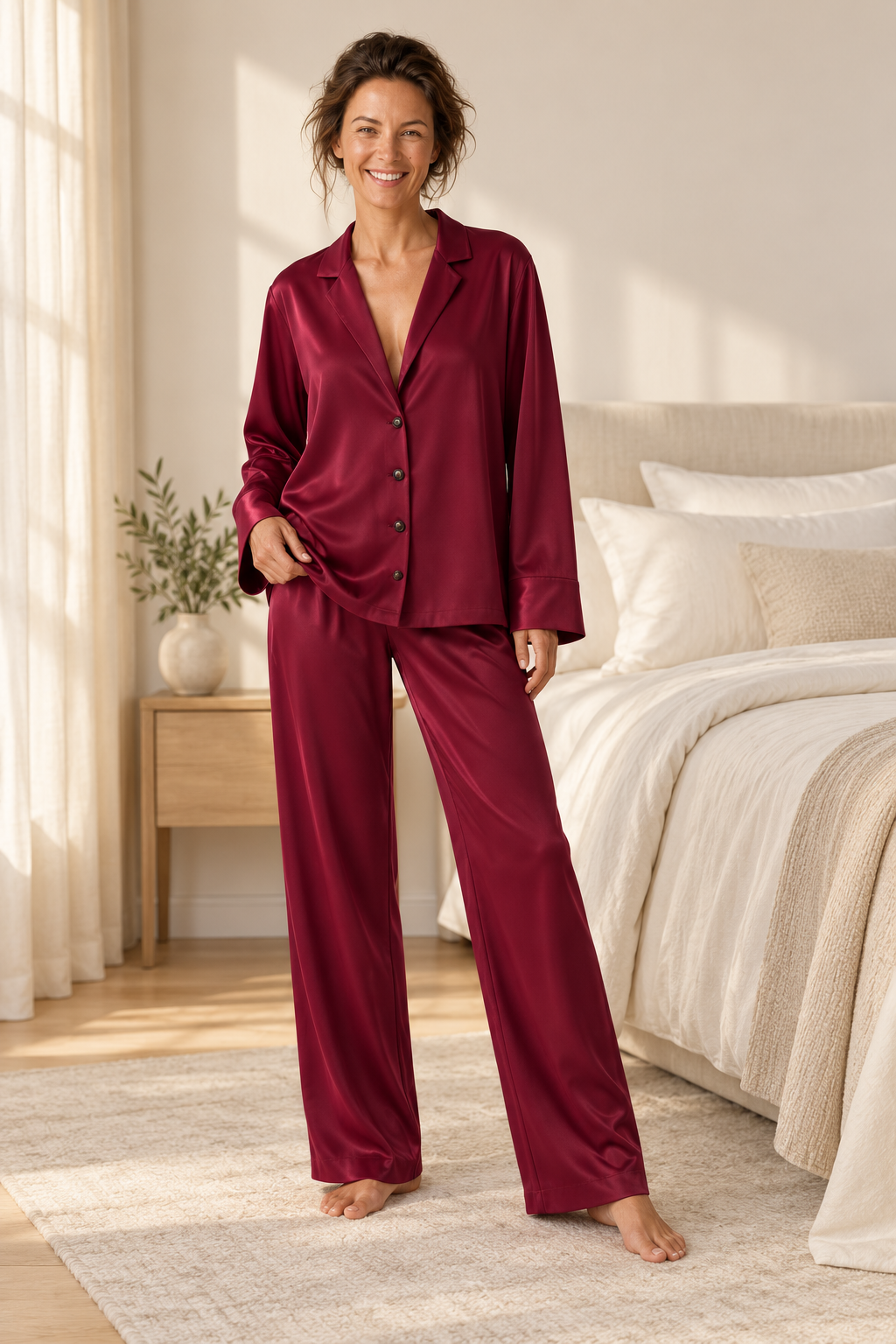 Satin Wide-Leg Pajama Set for Women, Button-Up