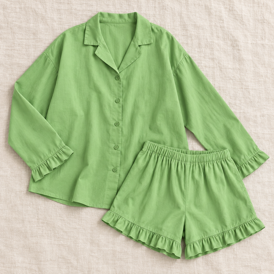 100% Cotton Ruffle Pajama Set for Women, Long Sleeve &amp; Shorts