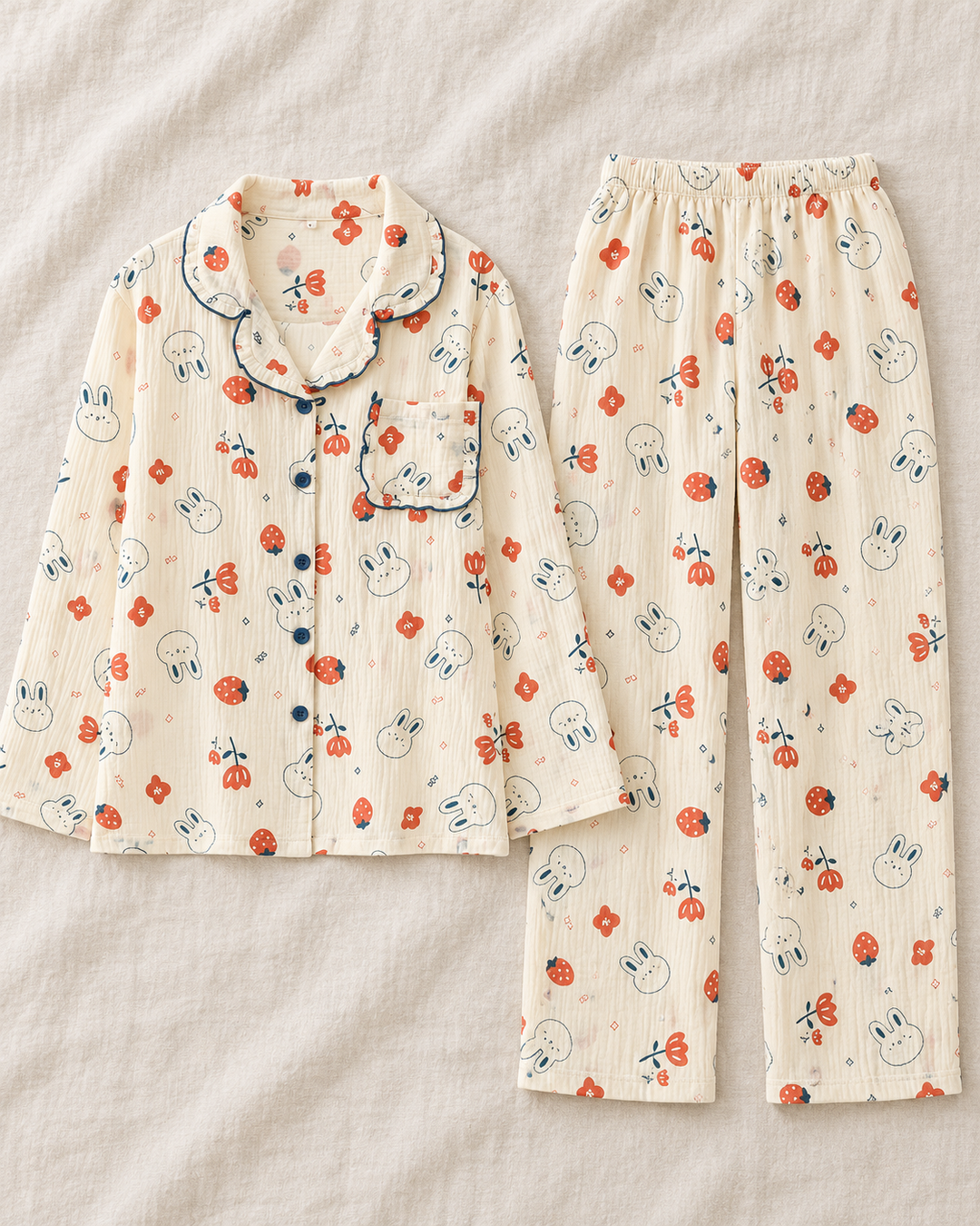 100% Cotton Muslin Pajama Set for Women, Cute Print Long Sleeve