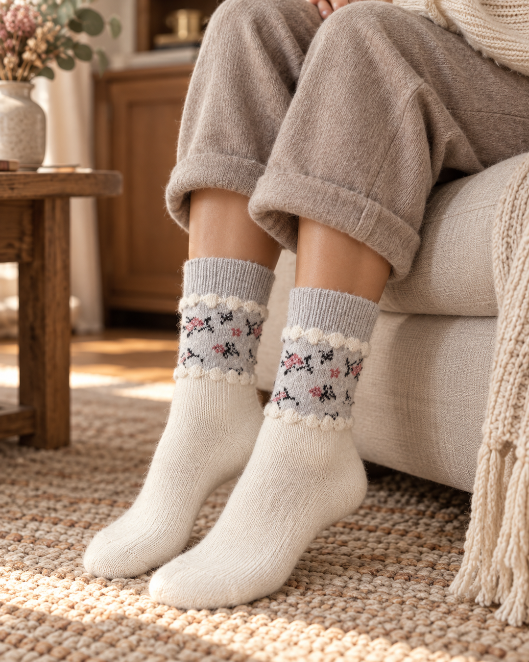 Wool Crew Socks for Women, Floral Knit with Lace Trim