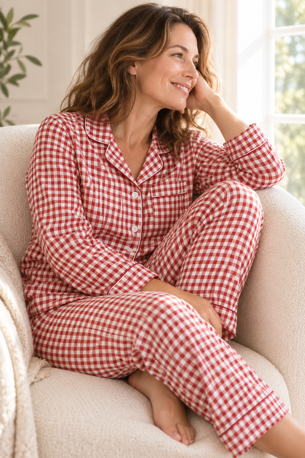 100% Cotton Double Gauze Pajama Set for Women, Plaid Long Sleeve