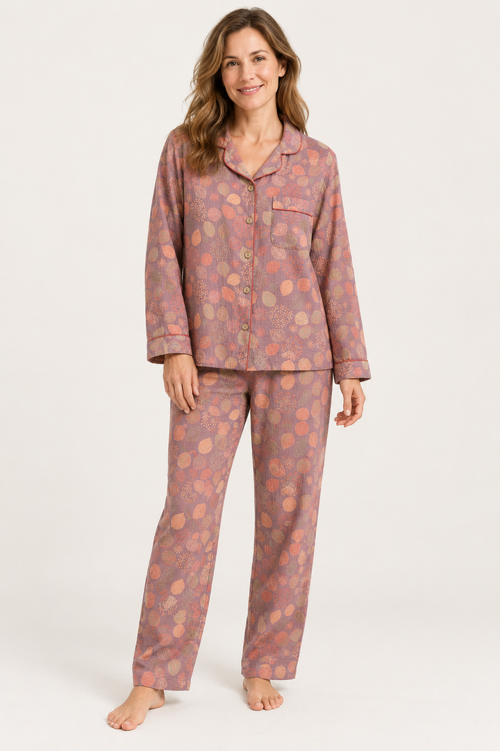 100% Cotton Floral Pajama Set for Women, Button-Down Long Sleeve