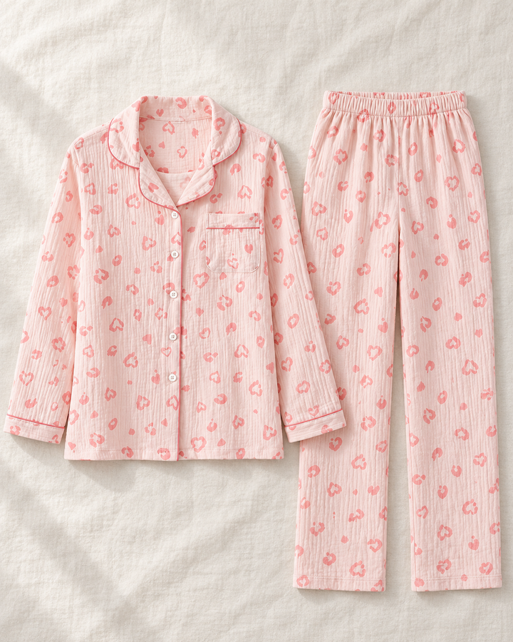 100% Cotton Muslin Pajama Set for Women, Cute Print Long Sleeve