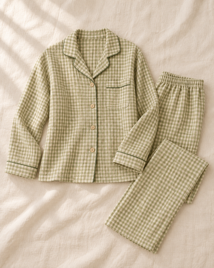 Cotton Gauze Pajama Set for Women, Long Sleeve Button-Up
